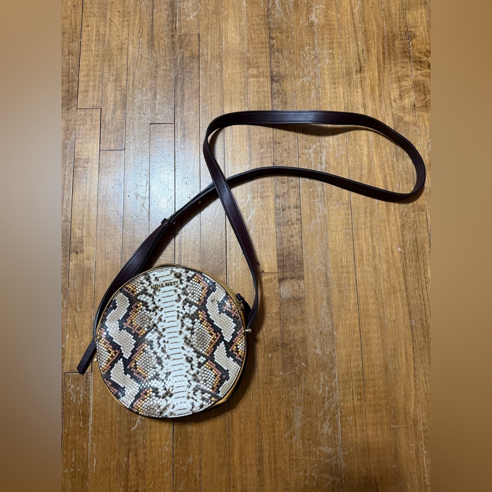 Nine West Round About Mini Circle Crossbody Purse in Cognac Multi Snakeprint